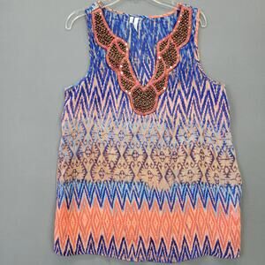 Studio Y Blue Orange Beaded Sequin Tank Cut V-Neck Keyhole Back Women Size S Top